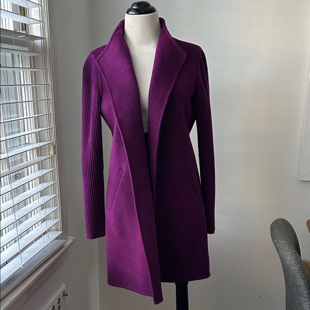 Kinross Cashmere Ribbed Sleeve Sweater Coat in Black Cherry